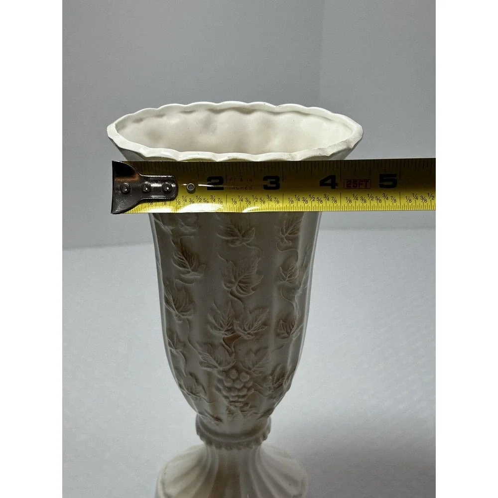 Pottery Pedestal Vase, White‎ & Tan, Raised Embossed Grapes & Leaves, Scalloped